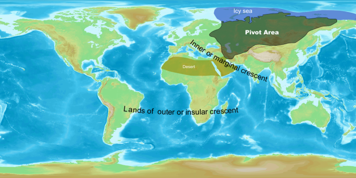Sir Halford Mackinder's Heartland concept showing the situation of the "pivot area" established in the Theory of the Heartland. He later revised it to mark Northern Eurasia as a pivot while keeping area marked above as Heartland.