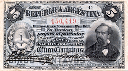 5 cents moneda nacional banknote featuring Nicolás Avellaneda, 1891