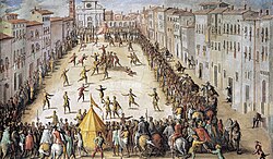 Calcio Fiorentino match in Piazza Santa Maria Novella in Florence, Italy, painted by Jan Van der Straet