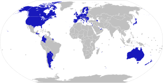 Map of countries that designate Hezbollah as a terrorist organisation as of 2023
