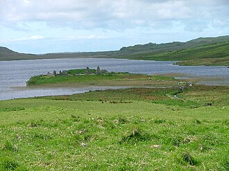 The ruins of Finlaggan Castle on Eilean Mòr, Loch Finlaggan, on the island of Islay, where the Council of the Isles met.