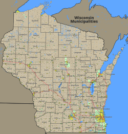 Wisconsin Municipalities map of counties, cities, villages, and towns.