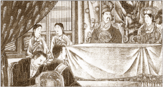 Japanese illustration of King Gojong and Queen Min receiving Inoue Kaoru