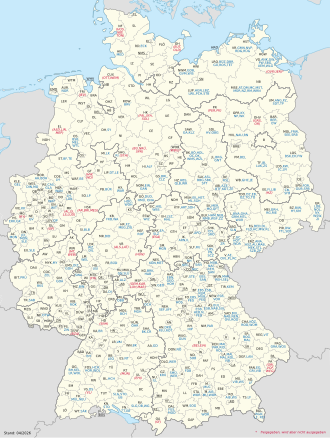 Map of German districts and their licence plate codes