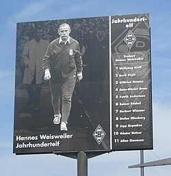 Blackboard at Borussia Park with Hennes Weisweiler and the names of the players of the "Team of the Century"