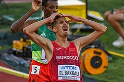Soufiane El Bakkali after becoming the 3000 metre steeplechase world champion at the World Athletics Championships in 2022