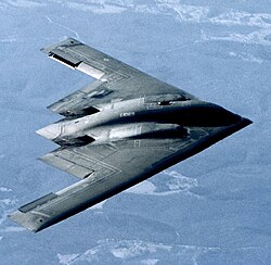 The US-produced B-2 Spirit is a strategic bomber. It has a flying wing configuration and is capable of intercontinental missions