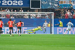 Mostafa Shobeir saving the Lionel Messi penalty during the match.