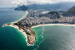 Aerial view of Fort Copacabana, with Copacabana (right) and Ipanema (left, background)