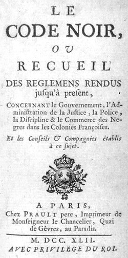 A frontispiece of the Code Noir, from the 1742 edition