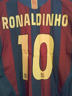 Barcelona 2005–06 season home shirt. Ronaldinho wore the number 10 for much of his club and international career.