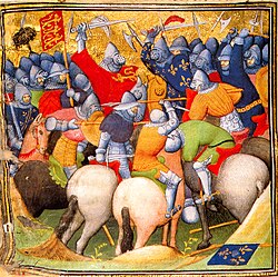 The English fighting the French knights at the Battle of Crécy in 1346