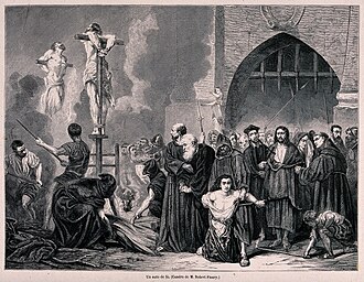 Burning of heretics at stakes (auto-da-fé) in a marketplace during the Spanish Inquisition.