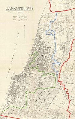 1930 Survey of Palestine map, showing urban boundaries of Jaffa (green) and the Tel Aviv township (blue) within the Jaffa Municipality (red)[23][24]