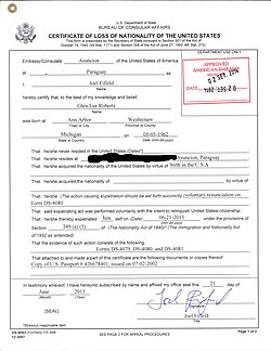 Certificate of Loss of Nationality of the United States, issued by the United States Embassy in Asunción, Paraguay. According to the document, the subject had acquired no other nationality at the time of issuance; hence leaving him stateless.