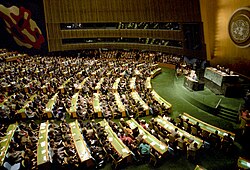 Leader of the Soviet Union Mikhail Gorbachev addressing the UN General Assembly in December 1988