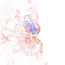 A racial distribution map of Milwaukee, 2010 U.S. Census. Each dot is 25 people: ⬤ White ⬤ Black ⬤ Asian ⬤ Hispanic ⬤ Other
