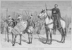 Kanem-Bu warriors armed with spears in the retinue of a mounted war chief. The Earth and Its Inhabitants, 1892