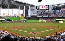 The first pitch at Marlins Park in open roof configuration on April 4, 2012, as the Marlins face the St. Louis Cardinals