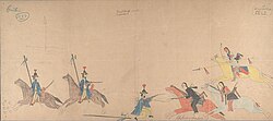 Ledger drawing by Hubble Big Horse showing a battle between Cheyenne warriors and Mexican lancers.