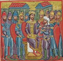 Alexander the Great in Byzantine Emperor's clothes, by a manuscript depicting scenes from his life (between 1204 and 1453)