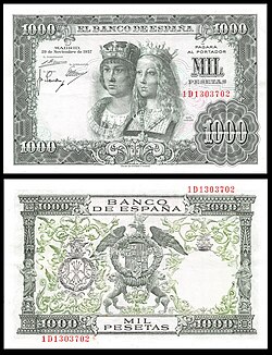 A Pts 1,000 banknote from 1957. The obverse shows Catholic Monarchs while the reverse shows the coat of arms of Spain under the Catholic Monarchs' rule.