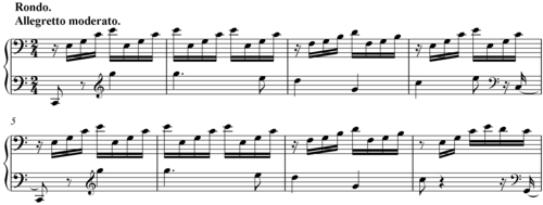 Opening of the third movement of Beethoven's Waldstein sonata. The melodic lines in bars 1–4 and 5–8 are (almost) identical, and both form hypermetric spans. The two hyperbeats are the low Cs, in the first and fifth bars of the example.