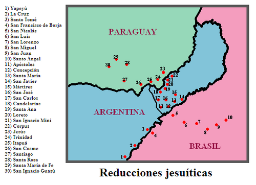 Location of the most important Spanish Jesuit reductions (1631-1767) in Argentina, Brazil and Paraguay with present-day borders