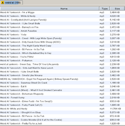 A screenshot of LimeWire PRO, showing a large number of parodies misattributed to Yankovic, as well as numerous misspellings of his surname (February 2007)