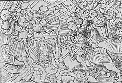 Hungarian knights routing Ottoman sipahi cavalry during the Battle of Mohács in 1526