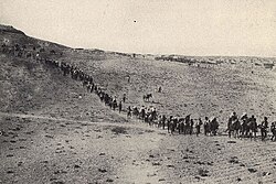 Christians fleeing their homes in the Ottoman Empire, c. 1922. Many Christians were persecuted and killed during the Armenian genocide, Greek genocide, and Assyrian genocide.[578]