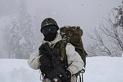 An Indian Army soldier, part of a patrolling group, in snow camouflage holding a SIG 716i.
