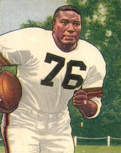 In addition to his role shattering the color barrier, powerful Cleveland fullback and linebacker Marion Motley was the AAFC's first black star.