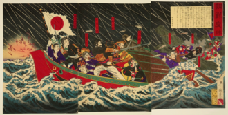 Woodblock print depicting the flight of the Japanese legation in 1882