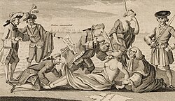 A 1774 illustration from The London Magazine depicts Prime Minister Lord North, author of the Boston Port Act, pouring tea from a teapot labelled "Intolerable Acts" down the throat of America, whose arms are restrained by Lord Chief Justice Mansfield with a tattered "Boston Petition" trampled on the ground beside her. Lord Sandwich pins down her feet and peers up her robes; behind them, Mother Britannia turns away and weeps while personifications of France and Spain look on with smug expressions.