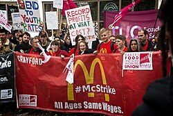 McDonald's workers striking against coercive labor practices and low wages, 2018