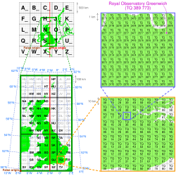 Each cell of a regular grid is labeled by a geocode. The non-global grids were the most used before the 2000s. This hierarchical system of local grids, used since the 1930s as British National Grid, generates hierarchical geocodes. Each cell subdivides recurrently its area into a new 10x10 grid.