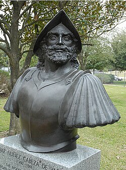 Bust of Álvar Núñez Cabeza de Vaca, who wrote epic account of years of wandering in the North American south and southwest