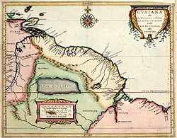 Parime Lacus on a map by Hessel Gerritsz (1625). Situated on the west coast of the lake, the so-called city Manoa or El Dorado