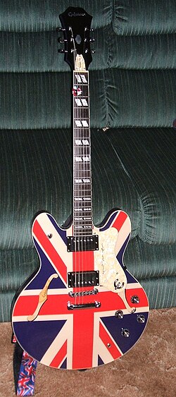 Noel Gallagher played an Epiphone Sheraton guitar with Union Jack paintwork during the tour promoting (What's the Story) Morning Glory?