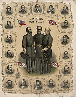 Three versions of the flag of the Confederate States of America and the Confederate Battle Flag are shown on this printed poster from 1896. The "Stars and Bars" can be seen in the upper left. Standing at the center are Stonewall Jackson, P. G. T. Beauregard, and Robert E. Lee, surrounded by bust portraits of Jefferson Davis, Alexander Stephens, and various Confederate army officers, such as James Longstreet and A. P. Hill.