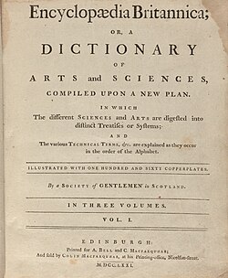 The title page of the first edition of the Encyclopædia Britannica, published in 1768–71
