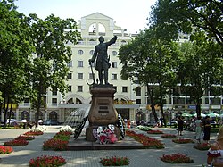 Statue of Peter the Great in Voronezh, Russia. He is leaning on an anchor, symbolic of his contributions to modernizing and expanding Russia's navy (1860)
