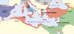 The Byzantine Empire in 650 after the Arabs conquered the provinces of Syria and Egypt. At the same time early Slavs settled in the Balkans.