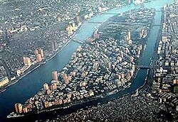 An aerial view looking south, with the Zamalek and Gezira districts on Gezira Island, surrounded by the Nile