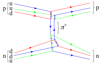 A Feynman diagram (shown by the animation in the lead) with the individual quark constituents shown, to illustrate how the fundamental strong interaction gives rise to the nuclear force. Straight lines are quarks, while multi-colored loops are gluons (the carriers of the fundamental force).