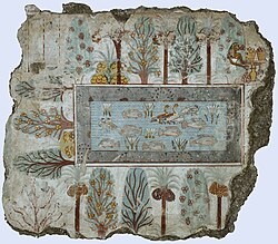 Rectangular fishpond with ducks and lotus planted round with date palms and fruit trees, Tomb of Nebamun, Thebes, 18th Dynasty