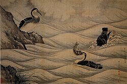 Cormorants catching Fish. Hanging silk scroll by Yūhi, Middle Edo period, Japan, 1755