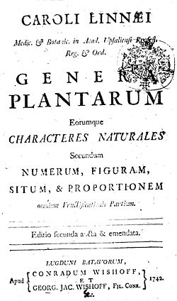 Title page of the second edition of Linnaeus's Genera Plantarum, Leiden, 1742