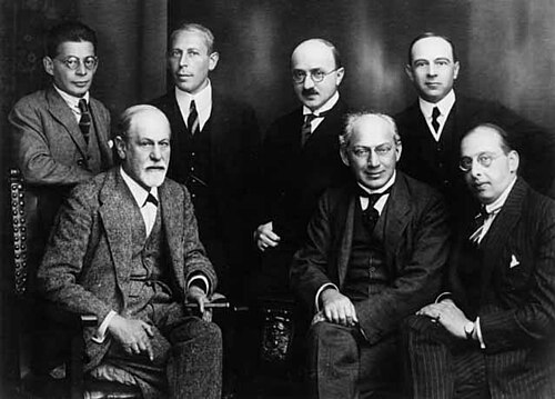 The Committee in 1922 (from left to right): Otto Rank, Sigmund Freud, Karl Abraham, Max Eitingon, Sándor Ferenczi, Ernest Jones, and Hanns Sachs